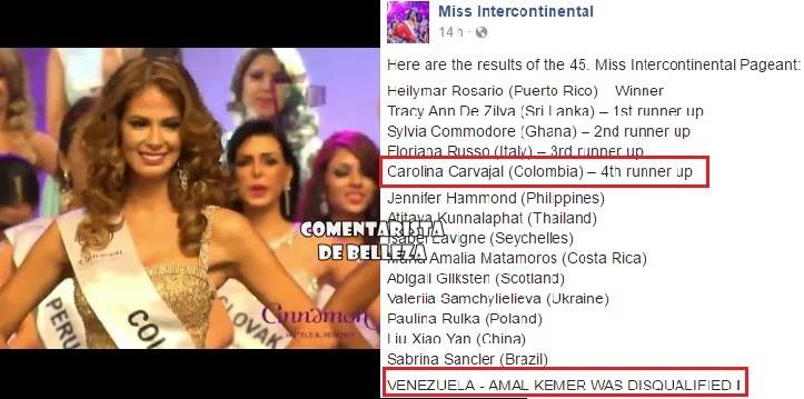 CAROLINA CARVAJAL y semifinalista pasa a ocupar este lugar como 4th Runner-Up (Top 5) en el cuadro final 2016