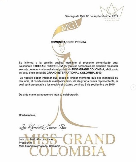 DESTITUIDA Miss Grand Colombia 2019