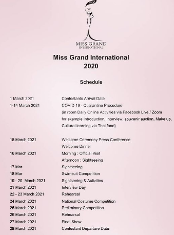 Calendario de eventos y actividades de Miss Grand International 2020